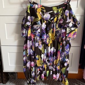 Floral Off-Shoulder Ruffle Top - Black with Multicolor Blooms